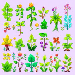 A vibrant and colorful spritesheet featuring various types of vertical plants in pixel art style
