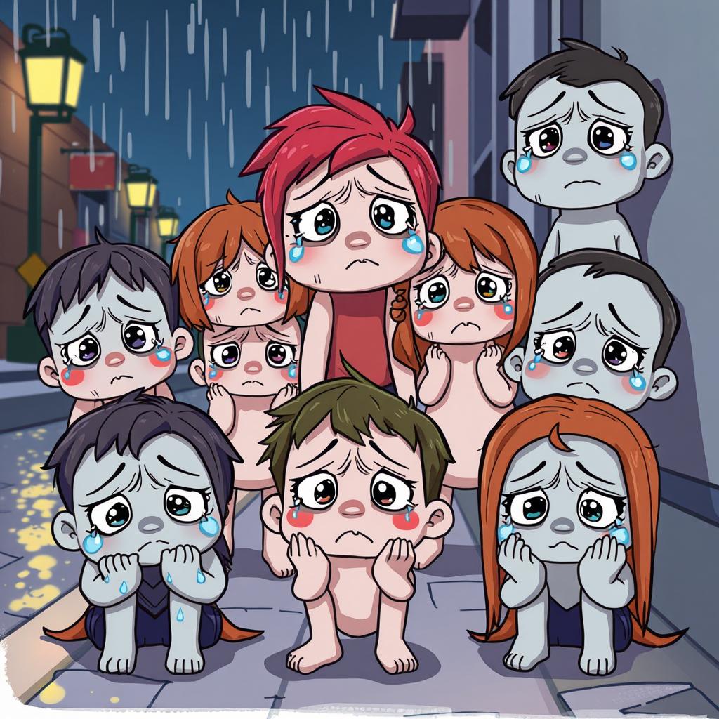A collection of sad animation characters expressing deep emotions, featuring a cartoonish style with exaggerated facial expressions and big teary eyes
