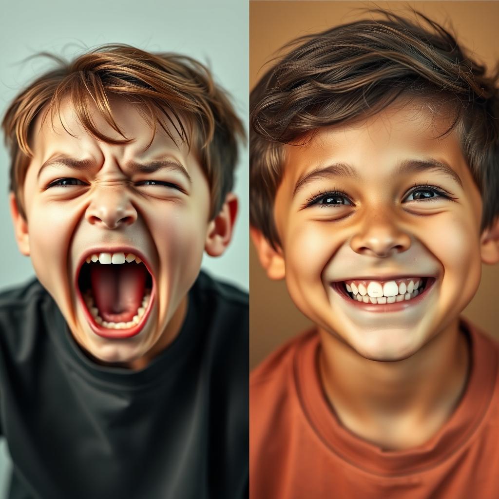 A split image featuring two contrasting expressions of the same boy