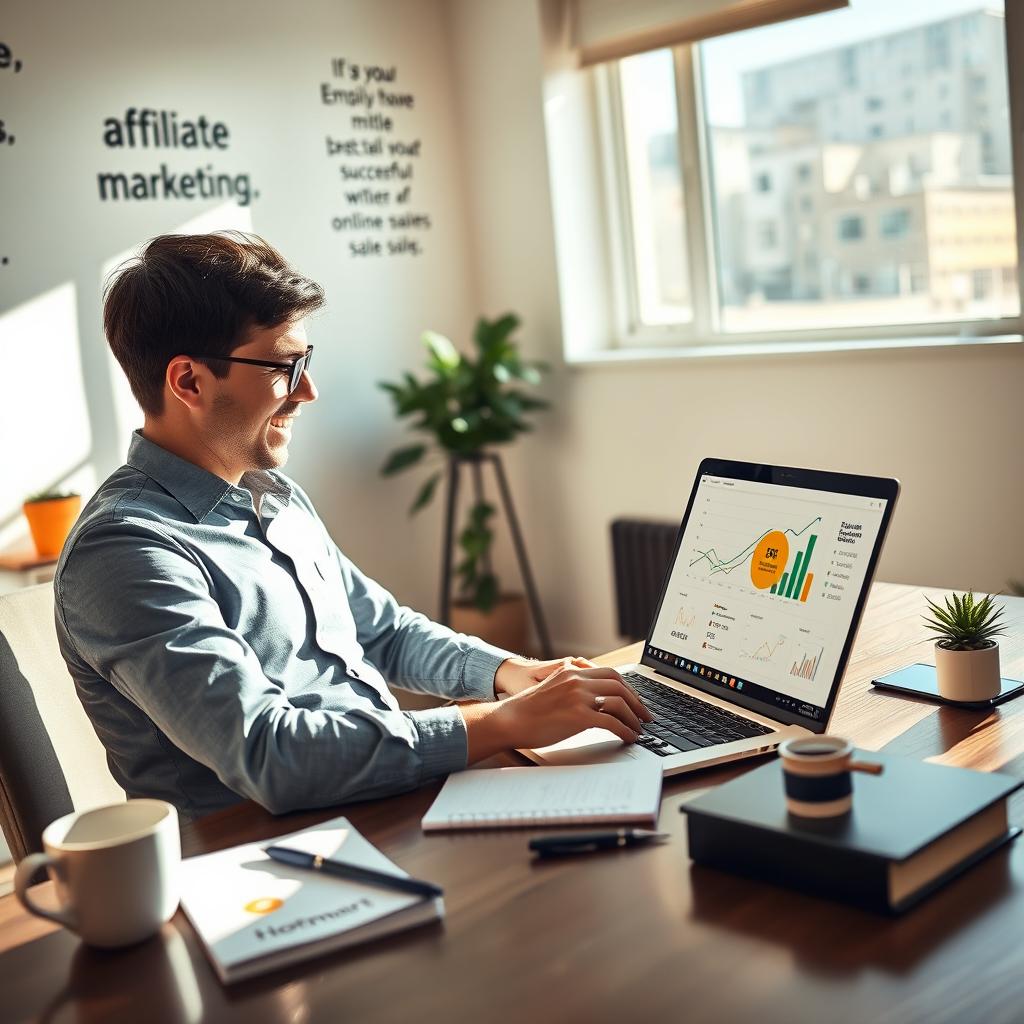 A person sitting at a desk, focused and motivated, working on a laptop with a colorful diagram showing successful online marketing strategies