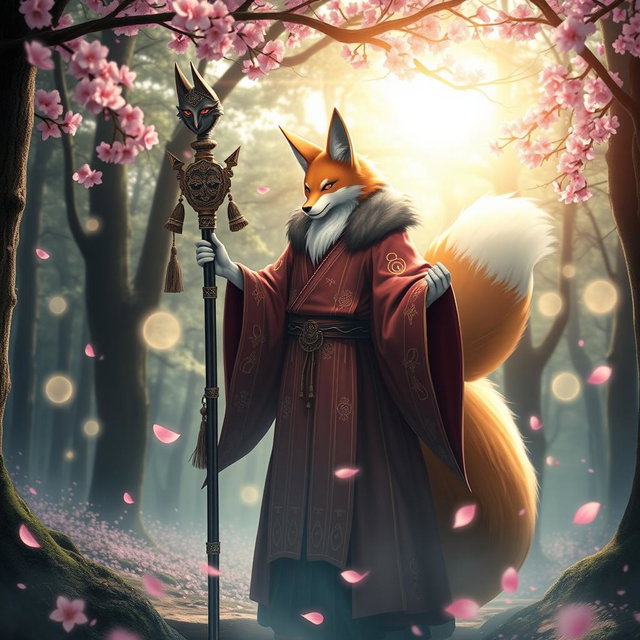 A mystical Kitsune Priest standing majestically in an enchanting forest