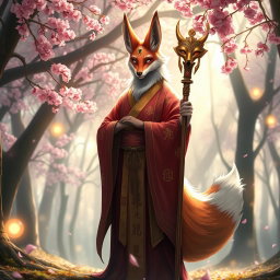 A mystical Kitsune Priest standing majestically in an enchanting forest