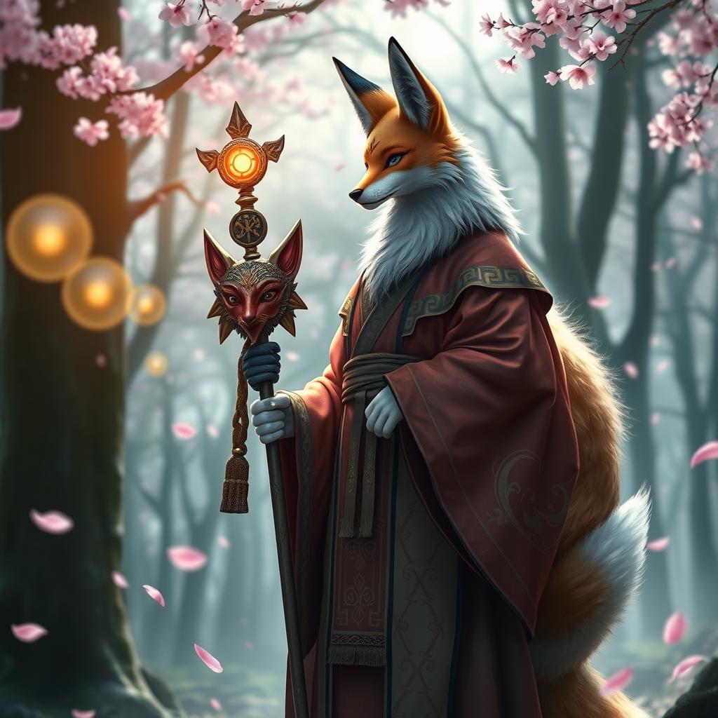 A mystical Kitsune Priest standing majestically in an enchanting forest