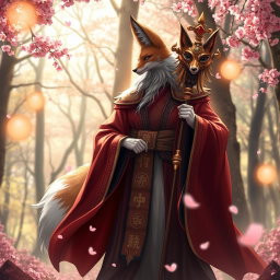 A mystical Kitsune Priest standing majestically in an enchanting forest
