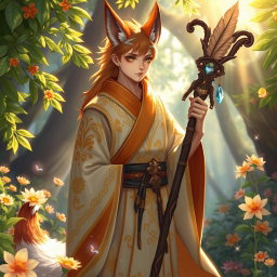 A captivating human Kitsune Priest, blending human and fox-like features in a vibrant fantasy setting