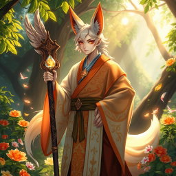 A captivating human Kitsune Priest, blending human and fox-like features in a vibrant fantasy setting