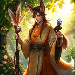 A captivating human Kitsune Priest, blending human and fox-like features in a vibrant fantasy setting