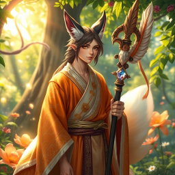 A captivating human Kitsune Priest, blending human and fox-like features in a vibrant fantasy setting