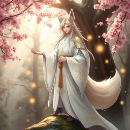 A charismatic human Kitsune Priest dressed in an elegant white robe, embodying a blend of human and fox characteristics in a fantastical setting