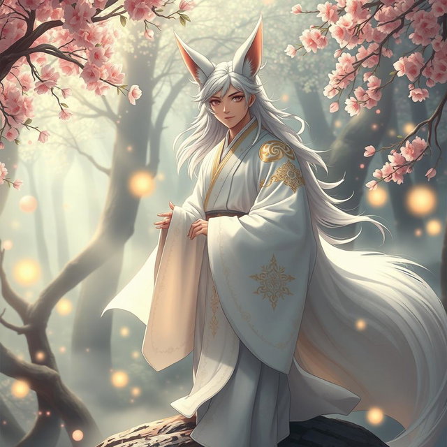 A charismatic human Kitsune Priest dressed in an elegant white robe, embodying a blend of human and fox characteristics in a fantastical setting