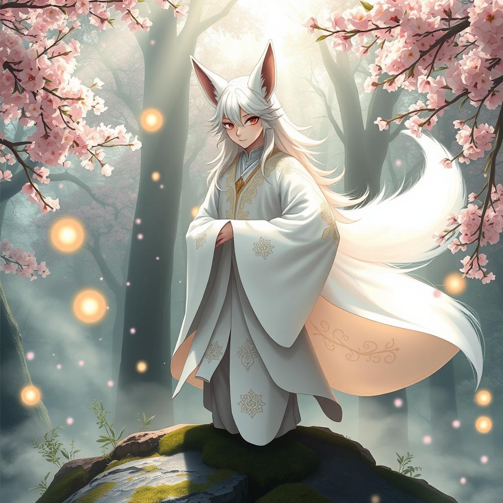 A charismatic human Kitsune Priest dressed in an elegant white robe, embodying a blend of human and fox characteristics in a fantastical setting
