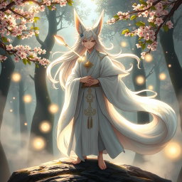 A charismatic human Kitsune Priest dressed in an elegant white robe, embodying a blend of human and fox characteristics in a fantastical setting