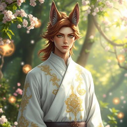 A captivating human Kitsune Priest wearing an elegant white robe, adorned with intricate golden and silver patterns that symbolize his mystical lineage