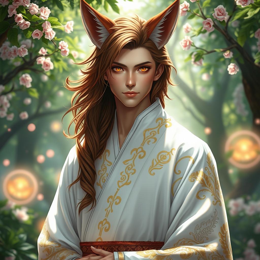A captivating human Kitsune Priest wearing an elegant white robe, adorned with intricate golden and silver patterns that symbolize his mystical lineage