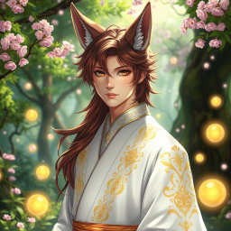 A captivating human Kitsune Priest wearing an elegant white robe, adorned with intricate golden and silver patterns that symbolize his mystical lineage