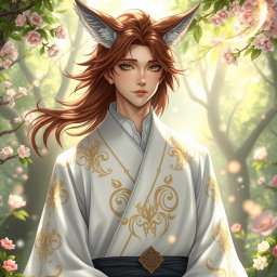 A captivating human Kitsune Priest wearing an elegant white robe, adorned with intricate golden and silver patterns that symbolize his mystical lineage