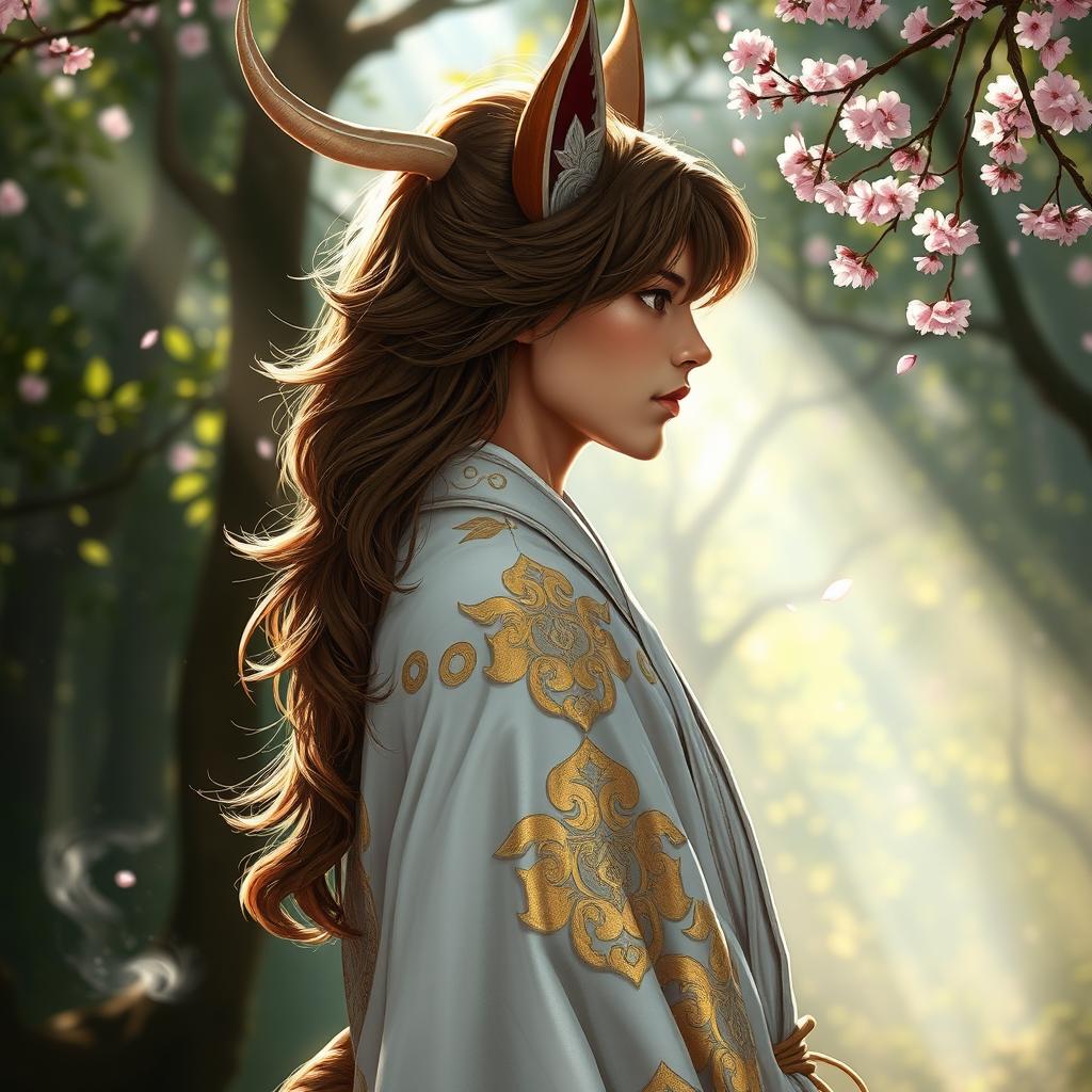 A stunning side profile of a human Kitsune Priest, featuring elegant fox-like traits such as pointed ears and a graceful horn-like appendage