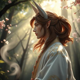 A stunning side profile of a human Kitsune Priest, featuring elegant fox-like traits such as pointed ears and a graceful horn-like appendage