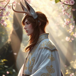 A stunning side profile of a human Kitsune Priest, featuring elegant fox-like traits such as pointed ears and a graceful horn-like appendage