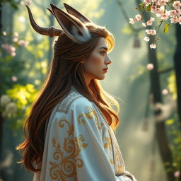 A stunning side profile of a human Kitsune Priest, featuring elegant fox-like traits such as pointed ears and a graceful horn-like appendage
