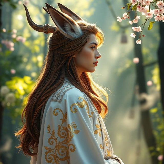 A stunning side profile of a human Kitsune Priest, featuring elegant fox-like traits such as pointed ears and a graceful horn-like appendage