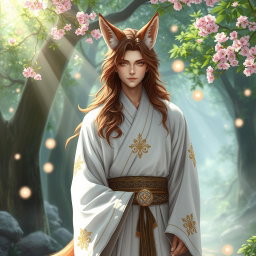 A striking human Kitsune Priest with three elegant fox tails, dressed in a flowing white robe that features intricate golden and silver embellishments symbolic of his mystical heritage