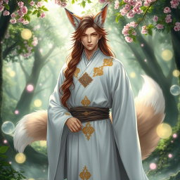 A striking human Kitsune Priest with three elegant fox tails, dressed in a flowing white robe that features intricate golden and silver embellishments symbolic of his mystical heritage