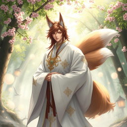 A striking human Kitsune Priest with three elegant fox tails, dressed in a flowing white robe that features intricate golden and silver embellishments symbolic of his mystical heritage