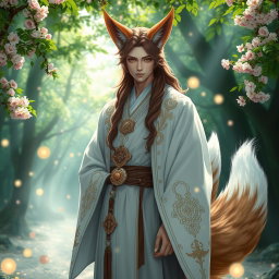 A striking human Kitsune Priest with three elegant fox tails, dressed in a flowing white robe that features intricate golden and silver embellishments symbolic of his mystical heritage
