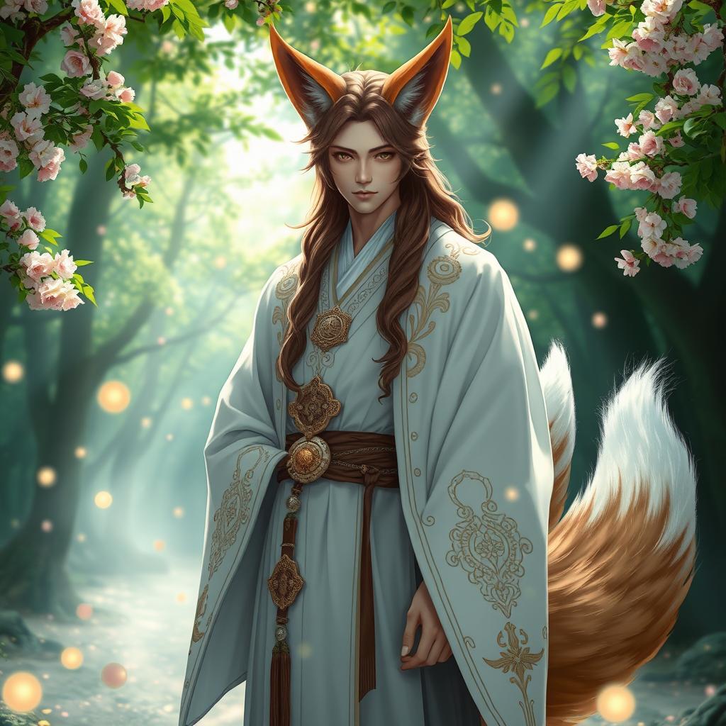 A striking human Kitsune Priest with three elegant fox tails, dressed in a flowing white robe that features intricate golden and silver embellishments symbolic of his mystical heritage