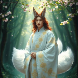An enchanting human Kitsune Priest featuring four fluffy fox tails, elegantly flowing behind him