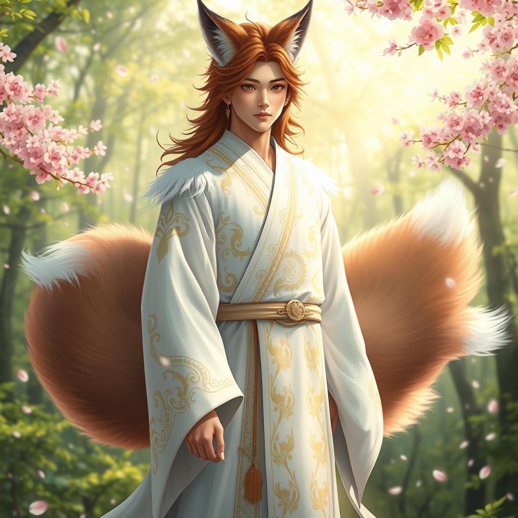 An enchanting human Kitsune Priest featuring four fluffy fox tails, elegantly flowing behind him