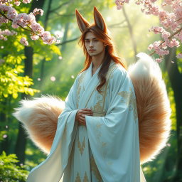 An enchanting human Kitsune Priest featuring four fluffy fox tails, elegantly flowing behind him