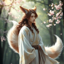 An enchanting human Kitsune Priest featuring four fluffy fox tails, elegantly flowing behind him