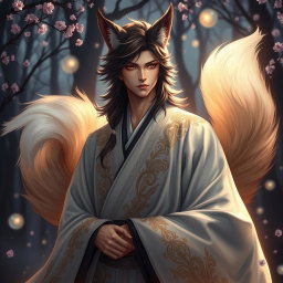 A captivating human Kitsune Priest depicted in a fantasy setting, featuring three elegant fox tails that radiate mystique