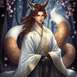 A captivating human Kitsune Priest depicted in a fantasy setting, featuring three elegant fox tails that radiate mystique