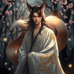 A captivating human Kitsune Priest depicted in a fantasy setting, featuring three elegant fox tails that radiate mystique