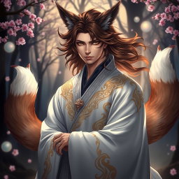 A captivating human Kitsune Priest depicted in a fantasy setting, featuring three elegant fox tails that radiate mystique