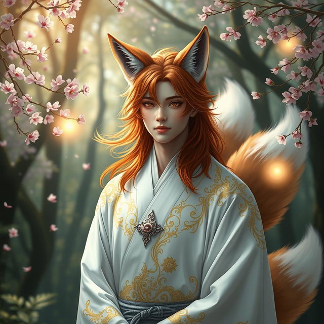A captivating human Kitsune Priest with three striking fox tails, dressed in an elegant white robe adorned with intricate golden and silver patterns