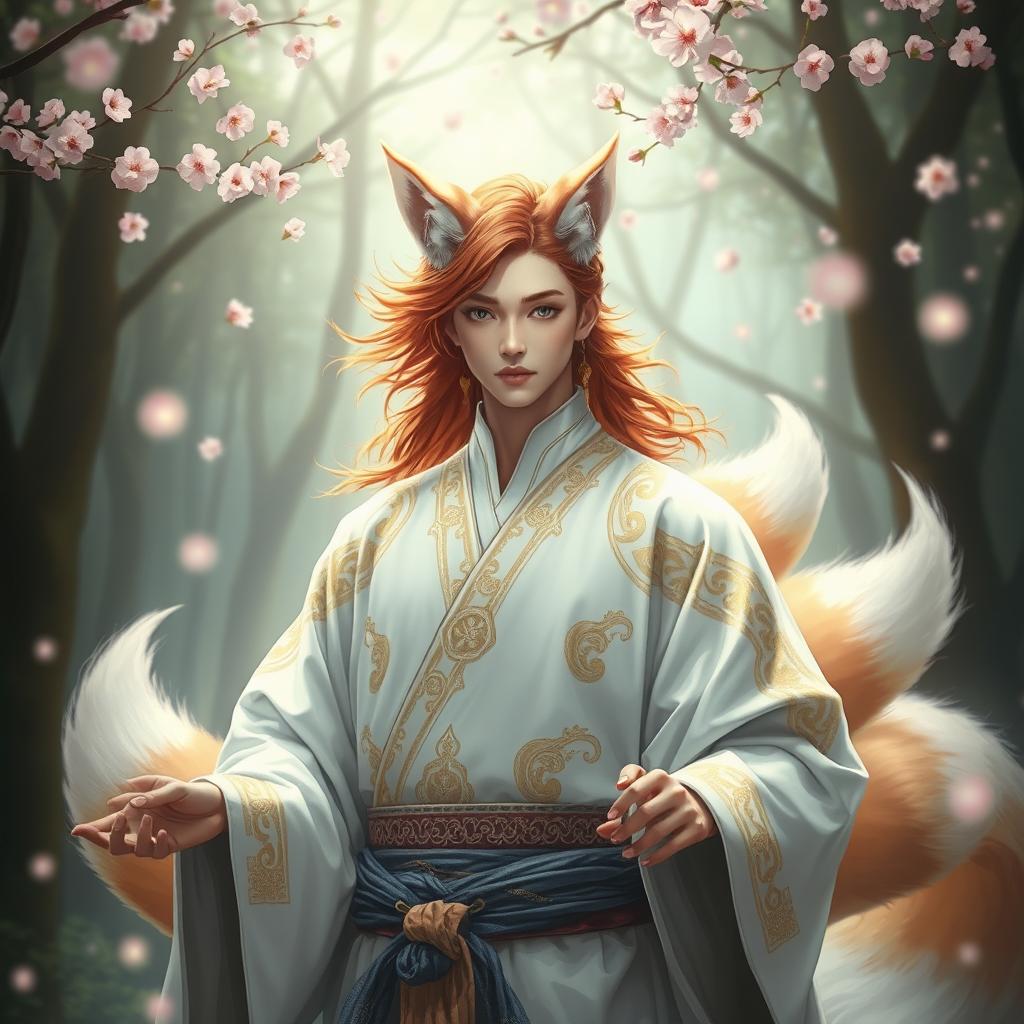 A captivating human Kitsune Priest with three striking fox tails, dressed in an elegant white robe adorned with intricate golden and silver patterns