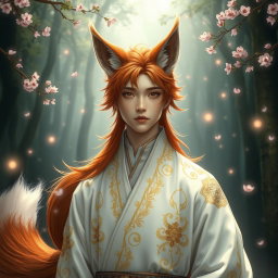 A captivating human Kitsune Priest with three striking fox tails, dressed in an elegant white robe adorned with intricate golden and silver patterns