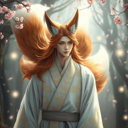 A captivating human Kitsune Priest with three striking fox tails, dressed in an elegant white robe adorned with intricate golden and silver patterns