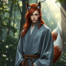 A mystical human Kitsune Priest with three elegant fox tails, dressed in a flowing grey robe adorned with intricate silver and blue patterns that shimmer softly