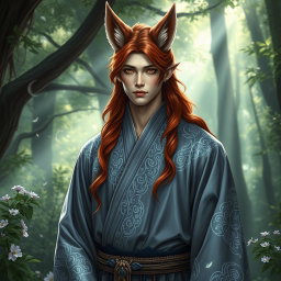 A mystical human Kitsune Priest with three elegant fox tails, dressed in a flowing grey robe adorned with intricate silver and blue patterns that shimmer softly
