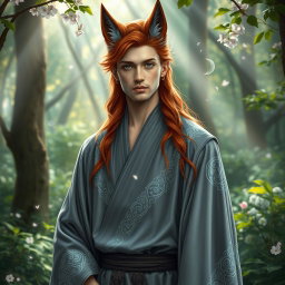 A mystical human Kitsune Priest with three elegant fox tails, dressed in a flowing grey robe adorned with intricate silver and blue patterns that shimmer softly