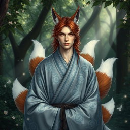 A mystical human Kitsune Priest with three elegant fox tails, dressed in a flowing grey robe adorned with intricate silver and blue patterns that shimmer softly