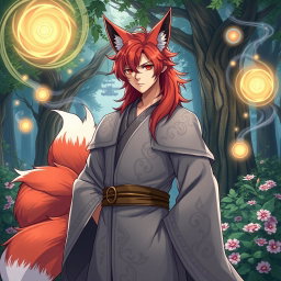 An anime-style illustration of a human Kitsune Priest, portrayed with three beautiful fox tails, elegantly dressed in a flowing grey robe embellished with intricate patterns and textures