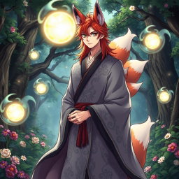 An anime-style illustration of a human Kitsune Priest, portrayed with three beautiful fox tails, elegantly dressed in a flowing grey robe embellished with intricate patterns and textures