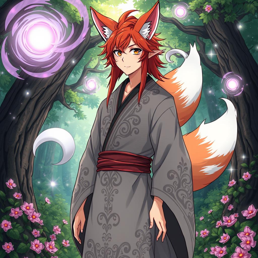 An anime-style illustration of a human Kitsune Priest, portrayed with three beautiful fox tails, elegantly dressed in a flowing grey robe embellished with intricate patterns and textures