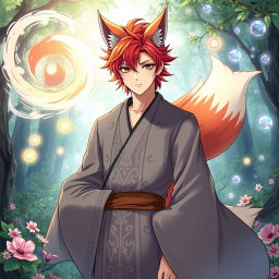 An anime-style illustration of a human Kitsune Priest, portrayed with three beautiful fox tails, elegantly dressed in a flowing grey robe embellished with intricate patterns and textures